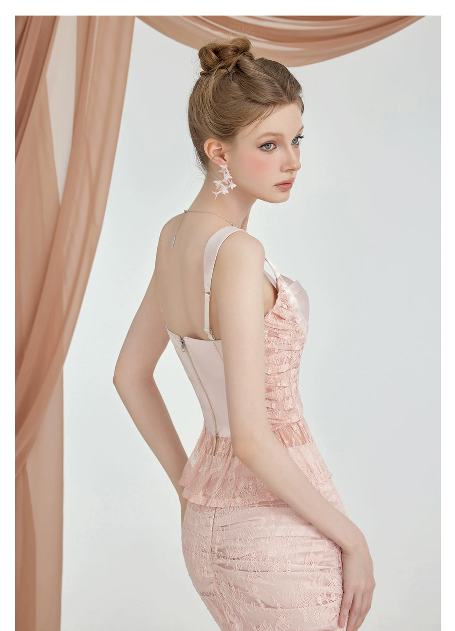 RESSALINA Lefae Lace Satin Splicing Fishbone Atmosphere Set Half Skirt Strap Two Piece Set Summer Set RESSALINA