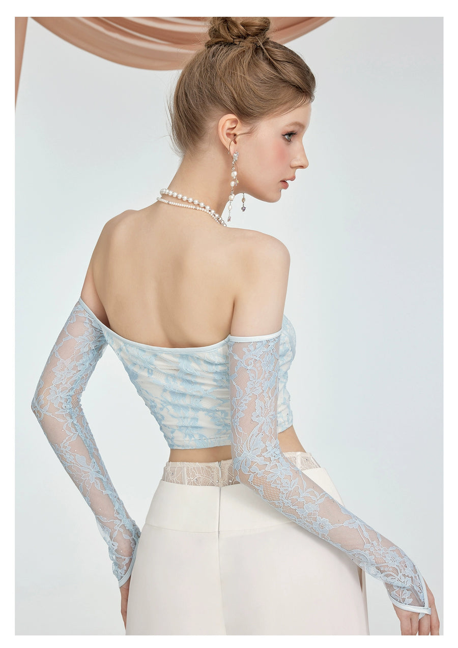 RESSALINA Camila lace rhinestone fish bone strapless summer waist cinching slimming one shoulder long sleeved top tops RESSALINA