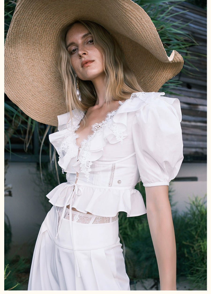 RESSALINA Diane Deep V neck Back Strap Ruffle Short Top Lace Splicing Bubble Sleeves T shirt tops RESSALINA