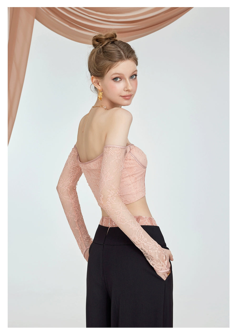 RESSALINA Camila lace rhinestone fish bone strapless summer waist cinching slimming one shoulder long sleeved top tops RESSALINA