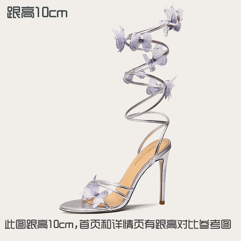 Lily Wei [Zi Yan] Summer new bow high heels sexy strap sandals large size women 41-43 Silver [Heel height 10cm] RESSALINA