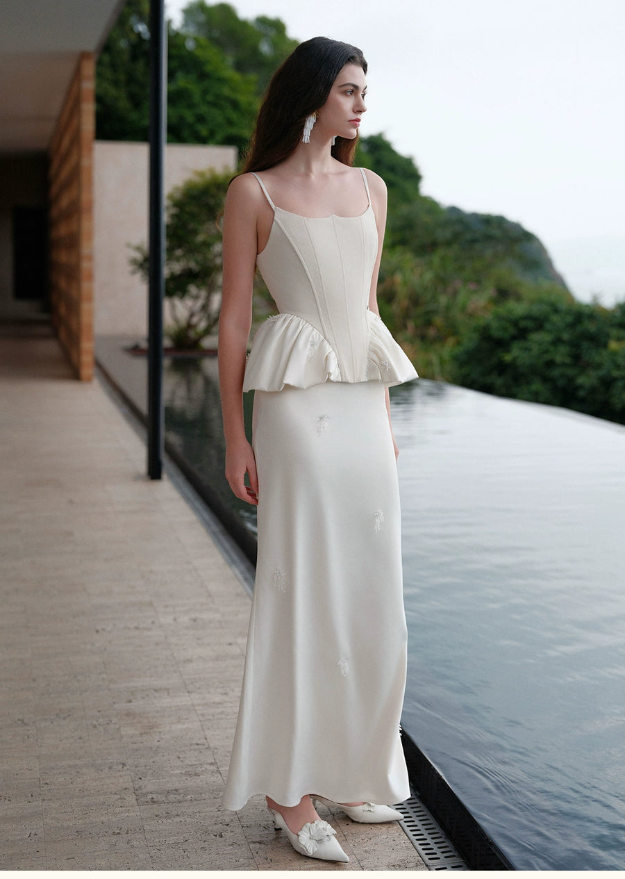 Zali Light Luxury Handmade Pearl Flower Slimming Wrapped Satin Strap Skirt Long Skirt Set Set RESSALINA