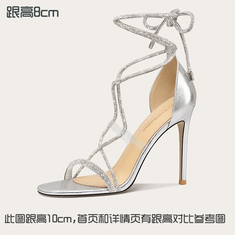 LilyWei tiptoes, beautiful not tired feet sandals rhinestone straps socialite style high heels small size 313233 Silver [Heel height 8cm] RESSALINA