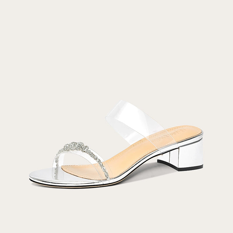 Lily Wei [Crystal Starry Sky] Transparent outer wear slippers stiletto high heels multi-heel height small size 313233 Silver [Square Heel] RESSALINA