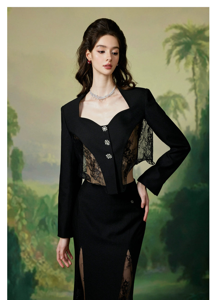 Sofi sexy lace hollowed out suit with fish tail wrapped buttocks skirt two piece set for spring and summer new collection Set RESSALINA