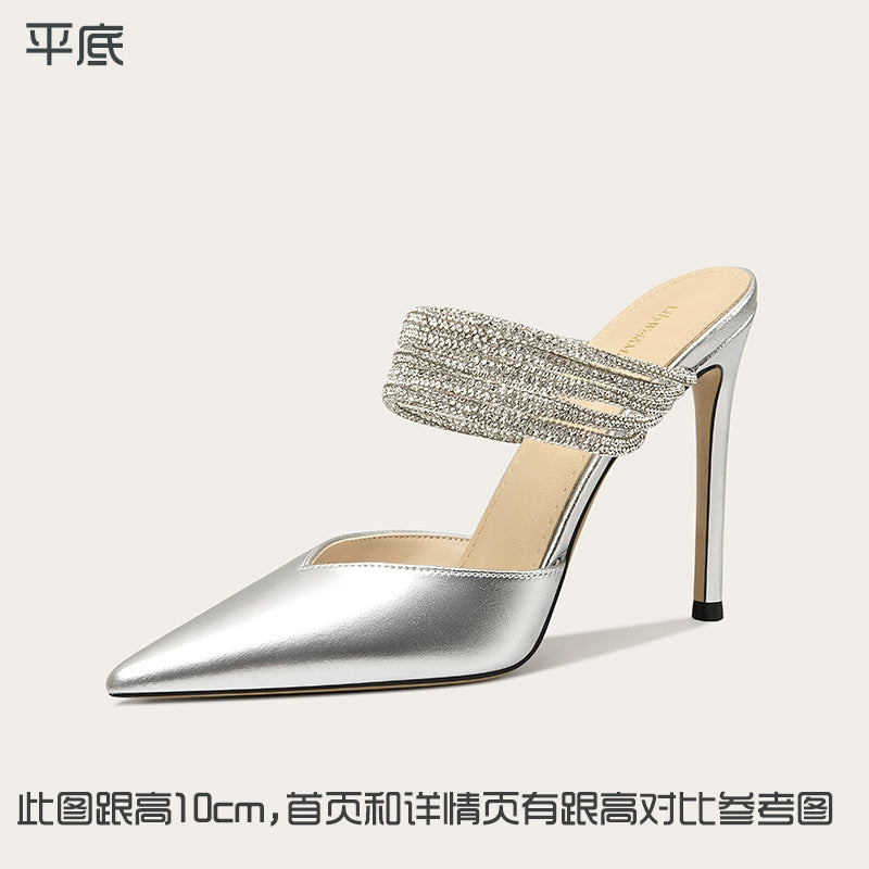 Lily Wei2025 new sandals beautiful rhinestone temperament high heel slippers small size women's summer wear Silver [Flat Bottom] Shoes RESSALINA