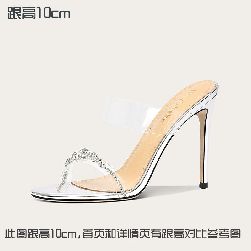 Lily Wei [Crystal Starry Sky] Transparent outer wear slippers stiletto high heels multi-heel height small size 313233 Silver [Heel height 10cm] RESSALINA