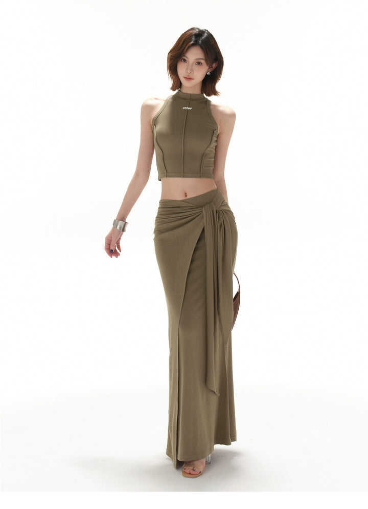 RessaLina Women's Olive Green Two-Piece Dress Set - Cropped Crewneck Top + Asymmetric Wrap Skirt, Modal Stretch | Summer Resort Dresses