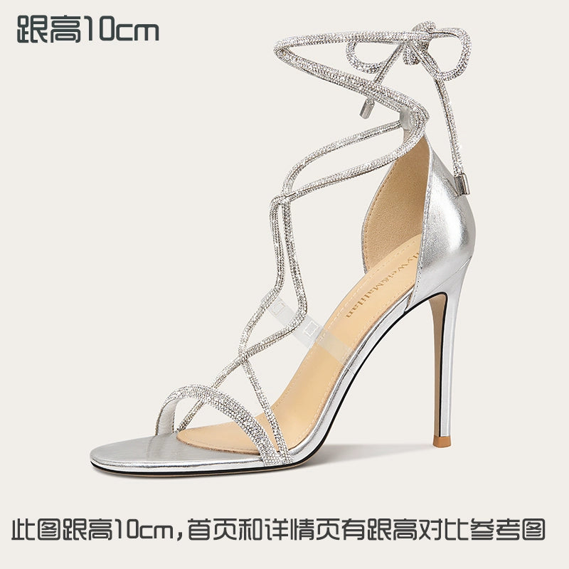 LilyWei tiptoes, beautiful not tired feet sandals rhinestone straps socialite style high heels small size 313233 Silver [Heel height 10cm] RESSALINA