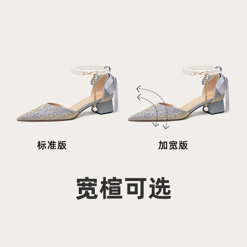 LilyWei Mermaid Dream French Beautiful Folds Not Tired Feet Sandals Temperament Coarse Heel Small Heels Large Size 41-43 Mermaid Grey Square Heel Wide Edition Shoes RESSALINA