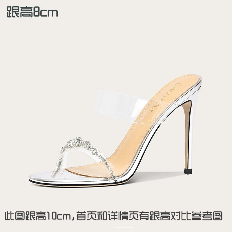 Lily Wei [Crystal Starry Sky] Transparent outer wear slippers stiletto high heels multi-heel height small size 313233 Silver [Heel height 8cm] RESSALINA