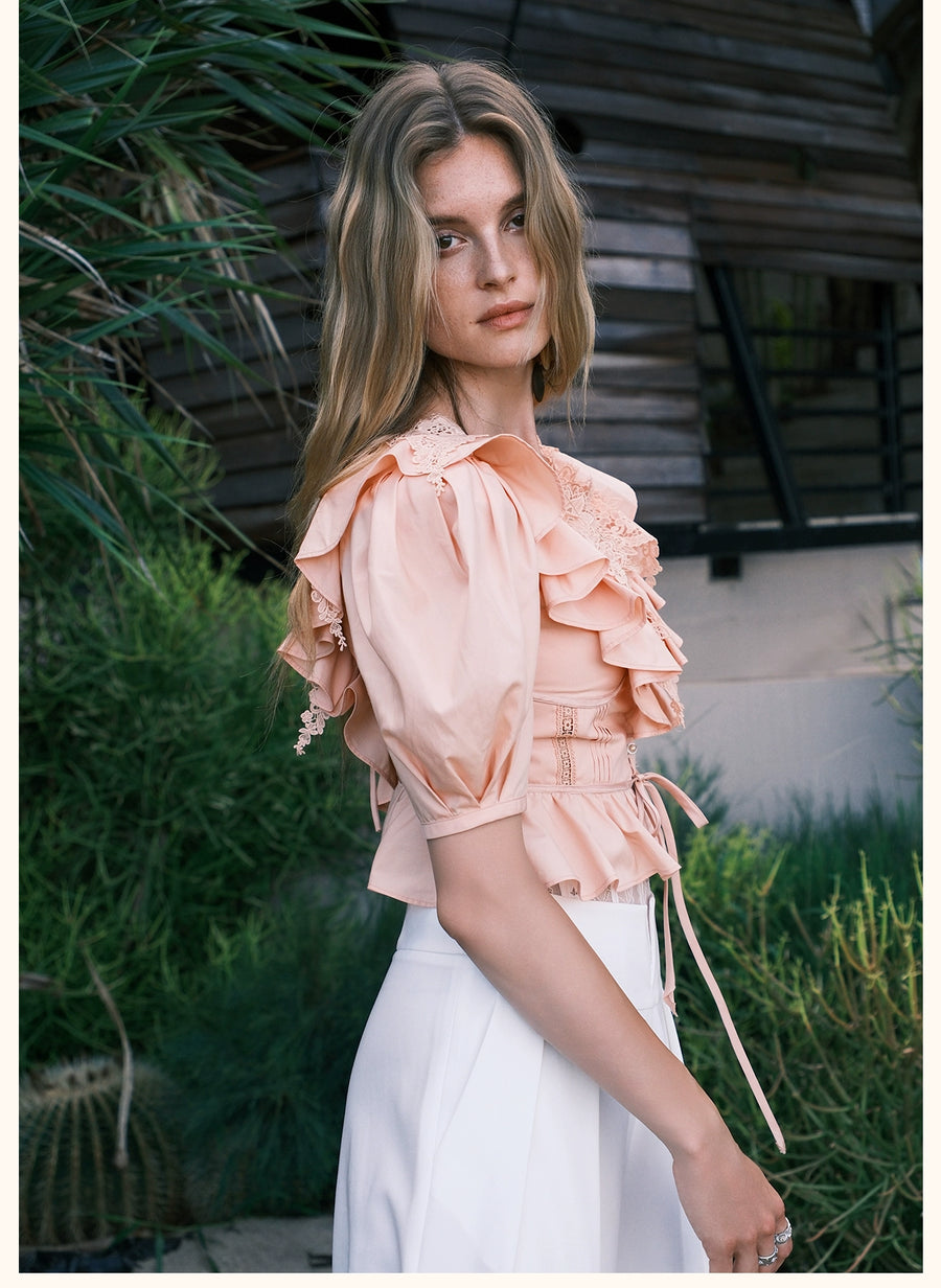 RESSALINA Diane Deep V neck Back Strap Ruffle Short Top Lace Splicing Bubble Sleeves T shirt tops RESSALINA