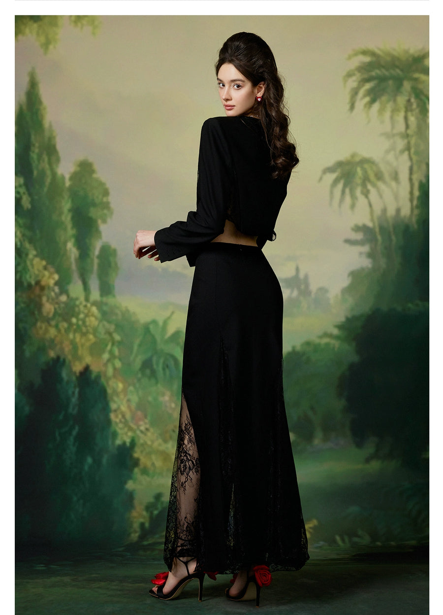 Sofi sexy lace hollowed out suit with fish tail wrapped buttocks skirt two piece set for spring and summer new collection Set RESSALINA