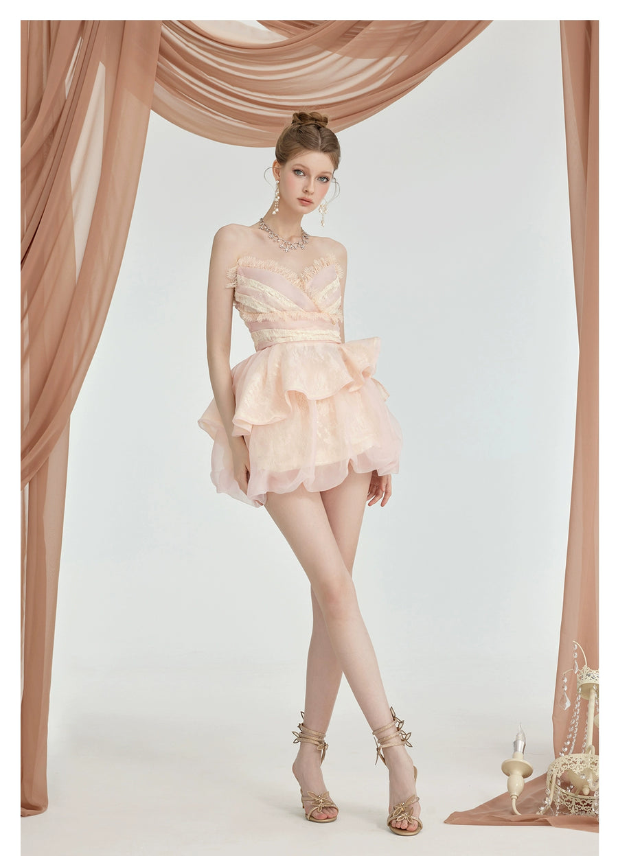 Berry irregular design fluffy skirt V neck short strapless two piece set summer new Set RESSALINA