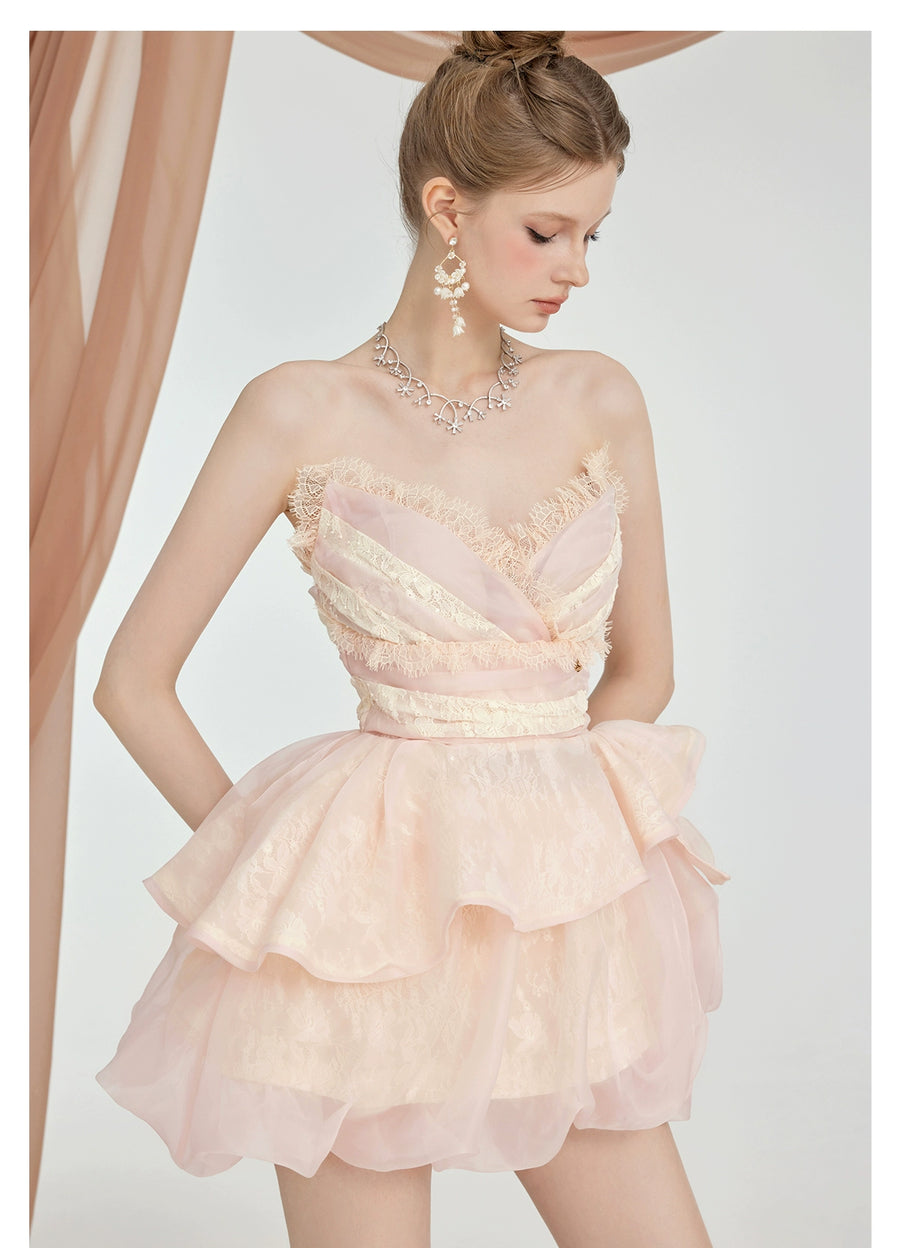 Berry irregular design fluffy skirt V neck short strapless two piece set summer new Set RESSALINA