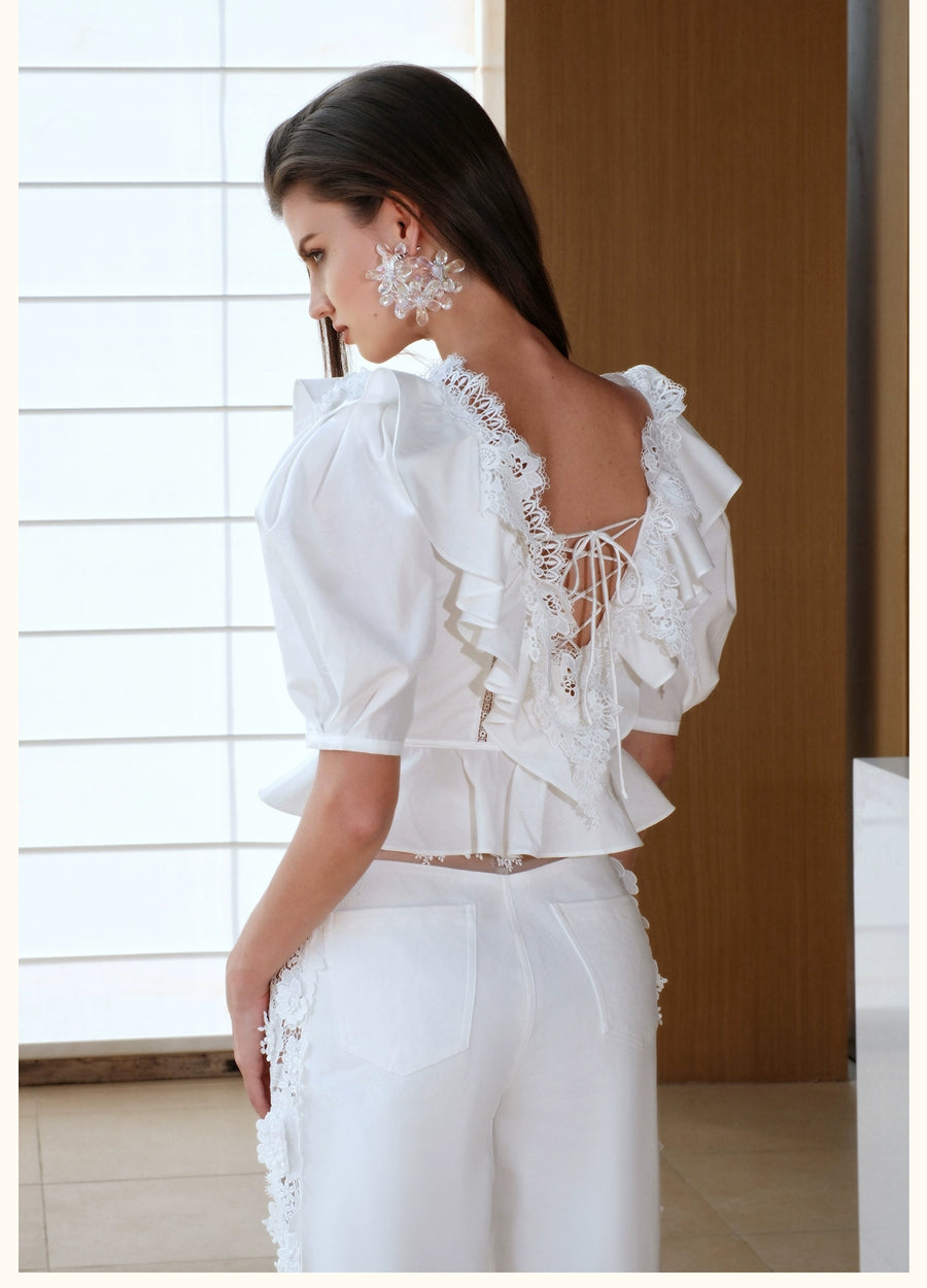 RESSALINA Diane Deep V neck Back Strap Ruffle Short Top Lace Splicing Bubble Sleeves T shirt tops RESSALINA