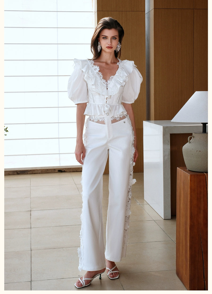RESSALINA Diane Deep V neck Back Strap Ruffle Short Top Lace Splicing Bubble Sleeves T shirt tops RESSALINA