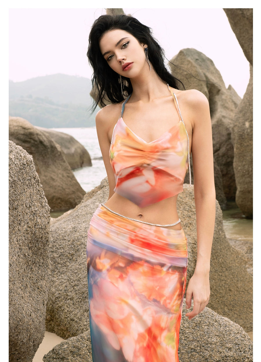 Jiang Yingrong s RESSALINA PB Pomegranate Flower Strap Summer Tank Top Half length Skirt Set Set RESSALINA