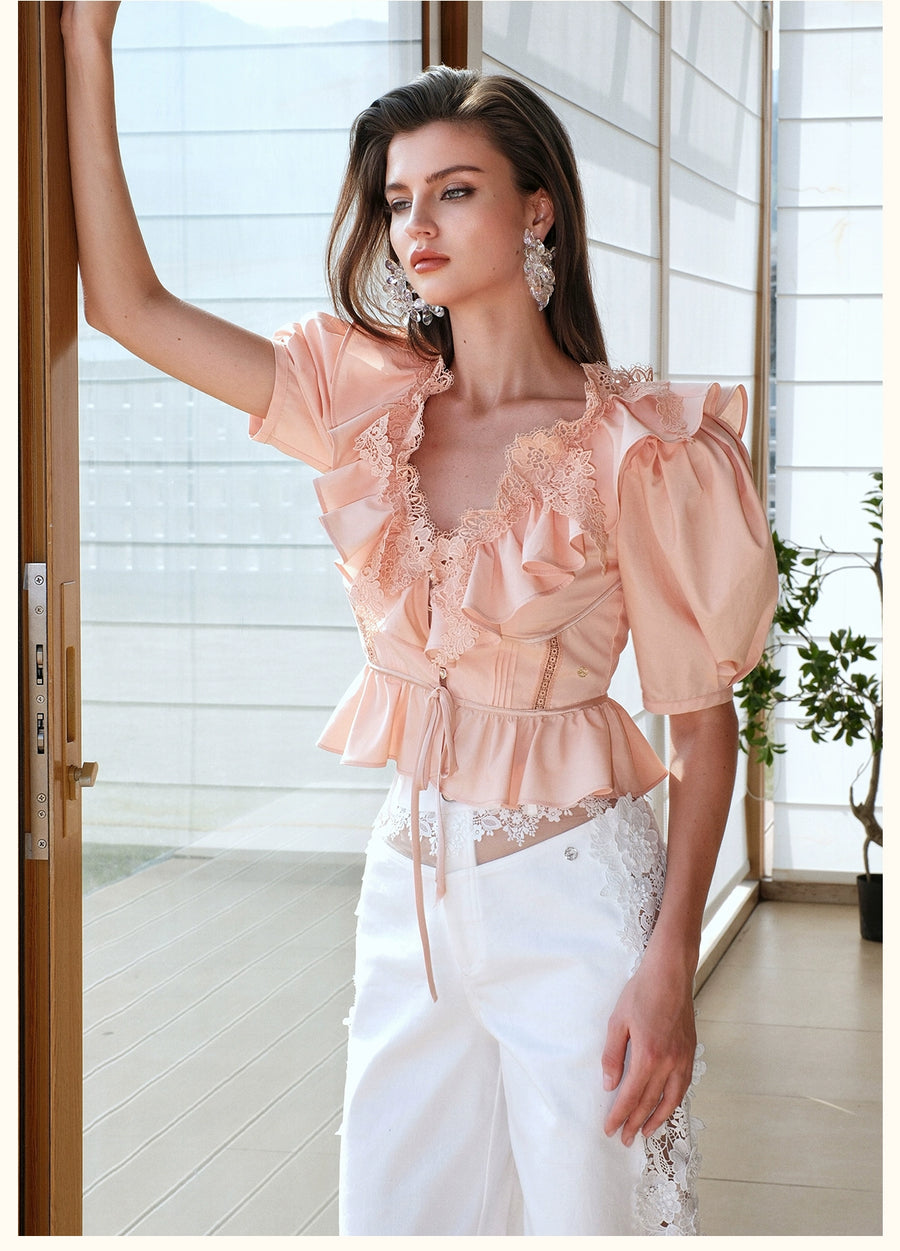 RESSALINA Diane Deep V neck Back Strap Ruffle Short Top Lace Splicing Bubble Sleeves T shirt tops RESSALINA