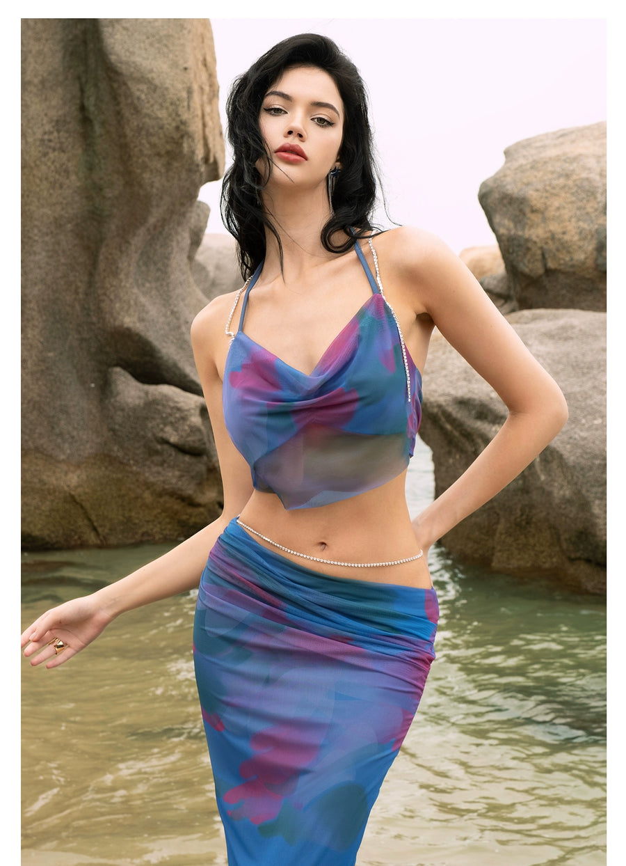 Jiang Yingrong s RESSALINA PB Pomegranate Flower Strap Summer Tank Top Half length Skirt Set Set RESSALINA