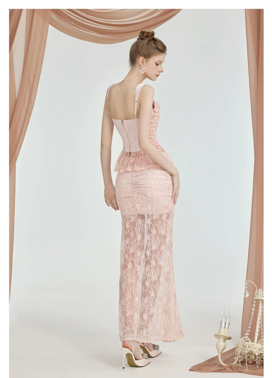 RESSALINA Lefae Lace Satin Splicing Fishbone Atmosphere Set Half Skirt Strap Two Piece Set Summer Set RESSALINA
