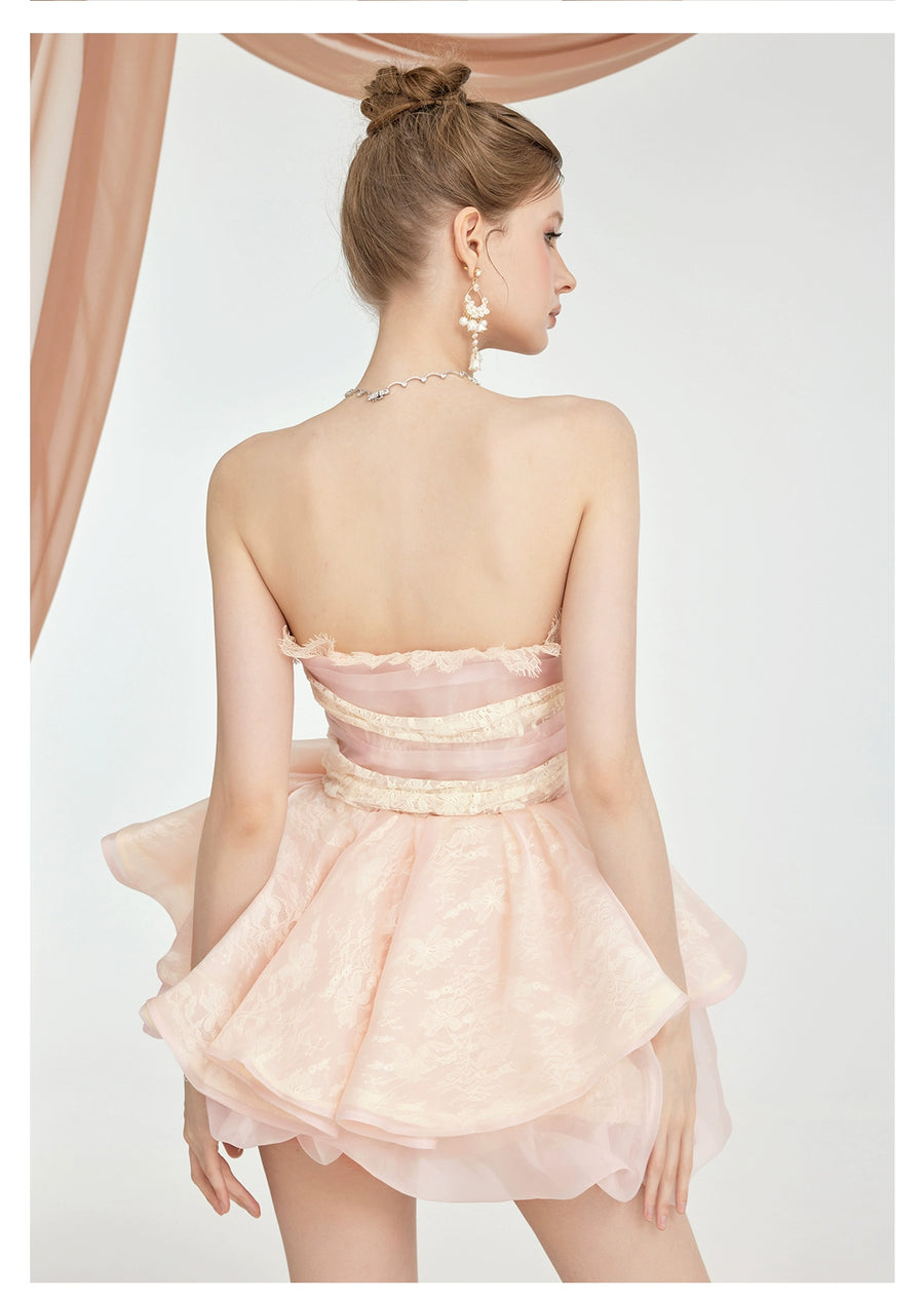Berry irregular design fluffy skirt V neck short strapless two piece set summer new Set RESSALINA