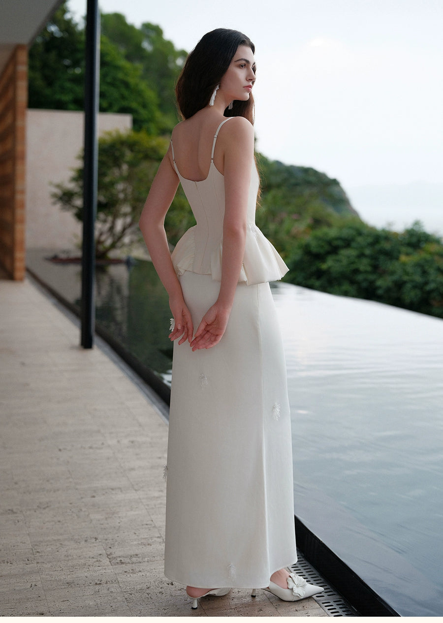 Zali Light Luxury Handmade Pearl Flower Slimming Wrapped Satin Strap Skirt Long Skirt Set Set RESSALINA