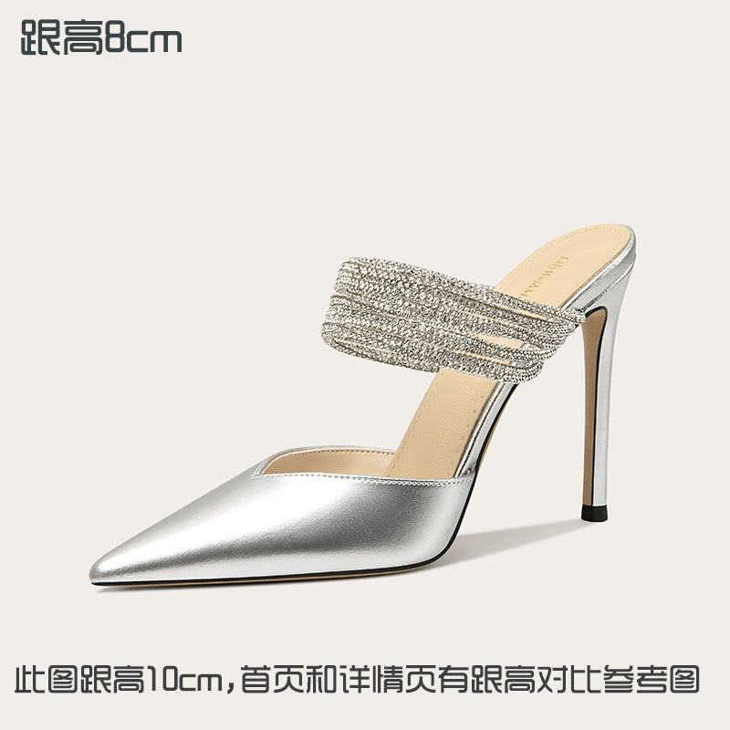 Lily Wei2025 new sandals beautiful rhinestone temperament high heel slippers small size women's summer wear Silver [Heel height 8cm] Shoes RESSALINA
