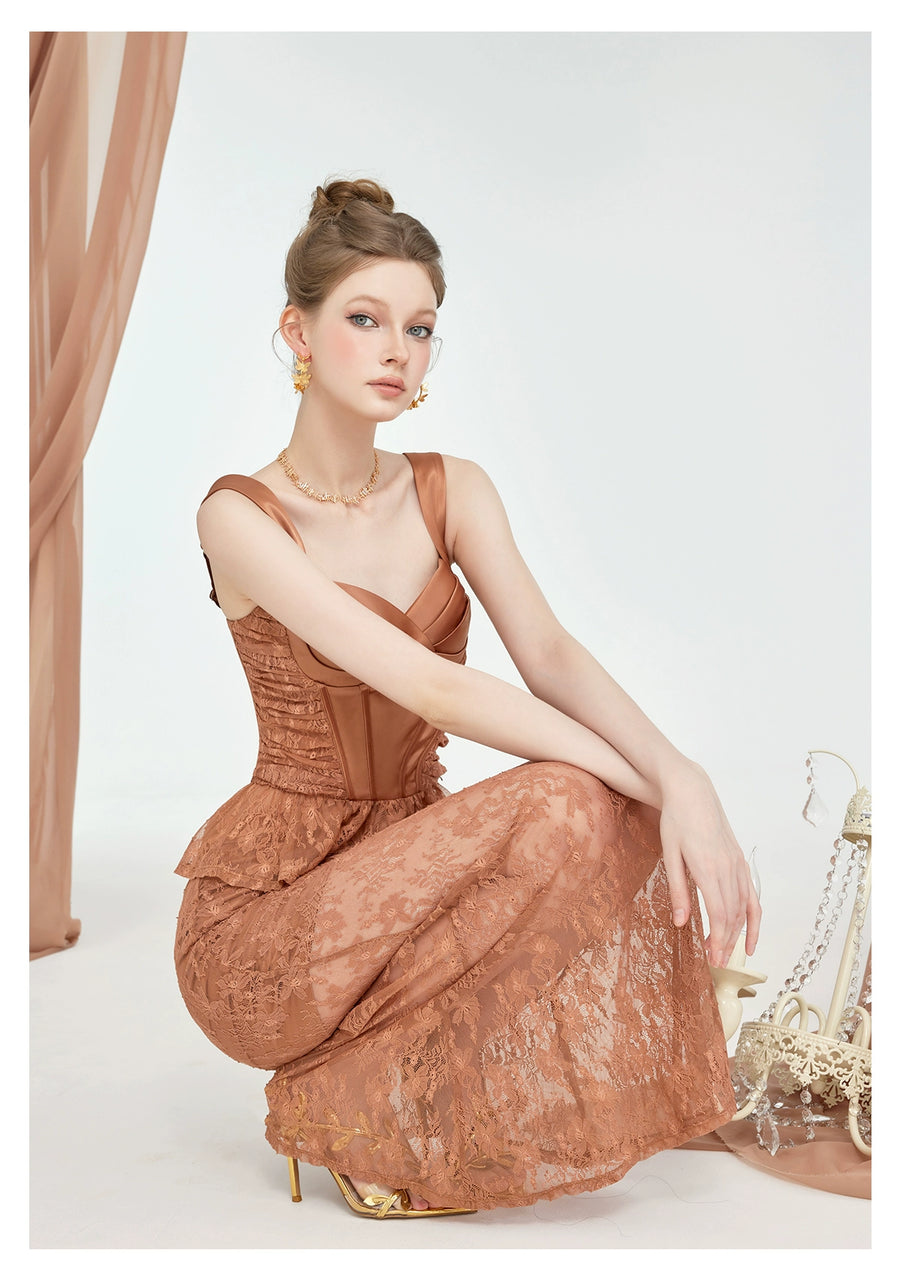 RESSALINA Lefae Lace Satin Splicing Fishbone Atmosphere Set Half Skirt Strap Two Piece Set Summer Set RESSALINA
