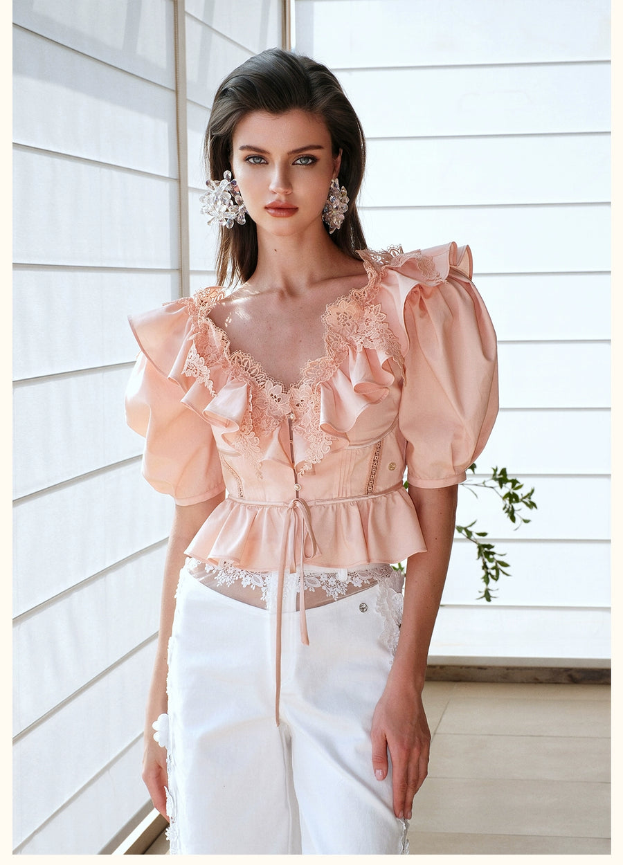 RESSALINA Diane Deep V neck Back Strap Ruffle Short Top Lace Splicing Bubble Sleeves T shirt tops RESSALINA