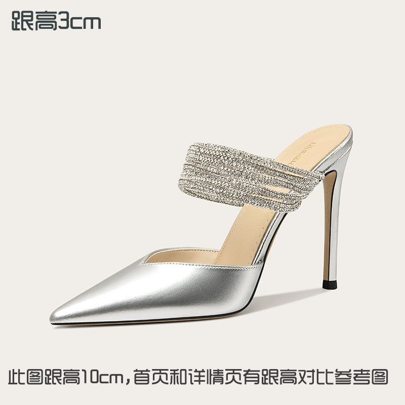 Lily Wei2025 new sandals beautiful rhinestone temperament high heel slippers small size women's summer wear Silver [Heel height 3cm] Shoes RESSALINA