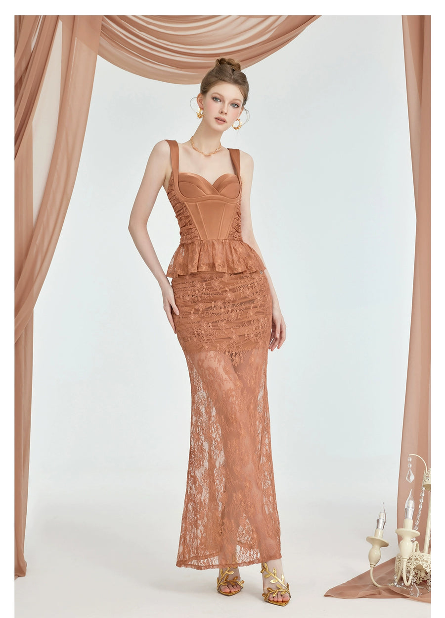 RESSALINA Lefae Lace Satin Splicing Fishbone Atmosphere Set Half Skirt Strap Two Piece Set Summer Set RESSALINA