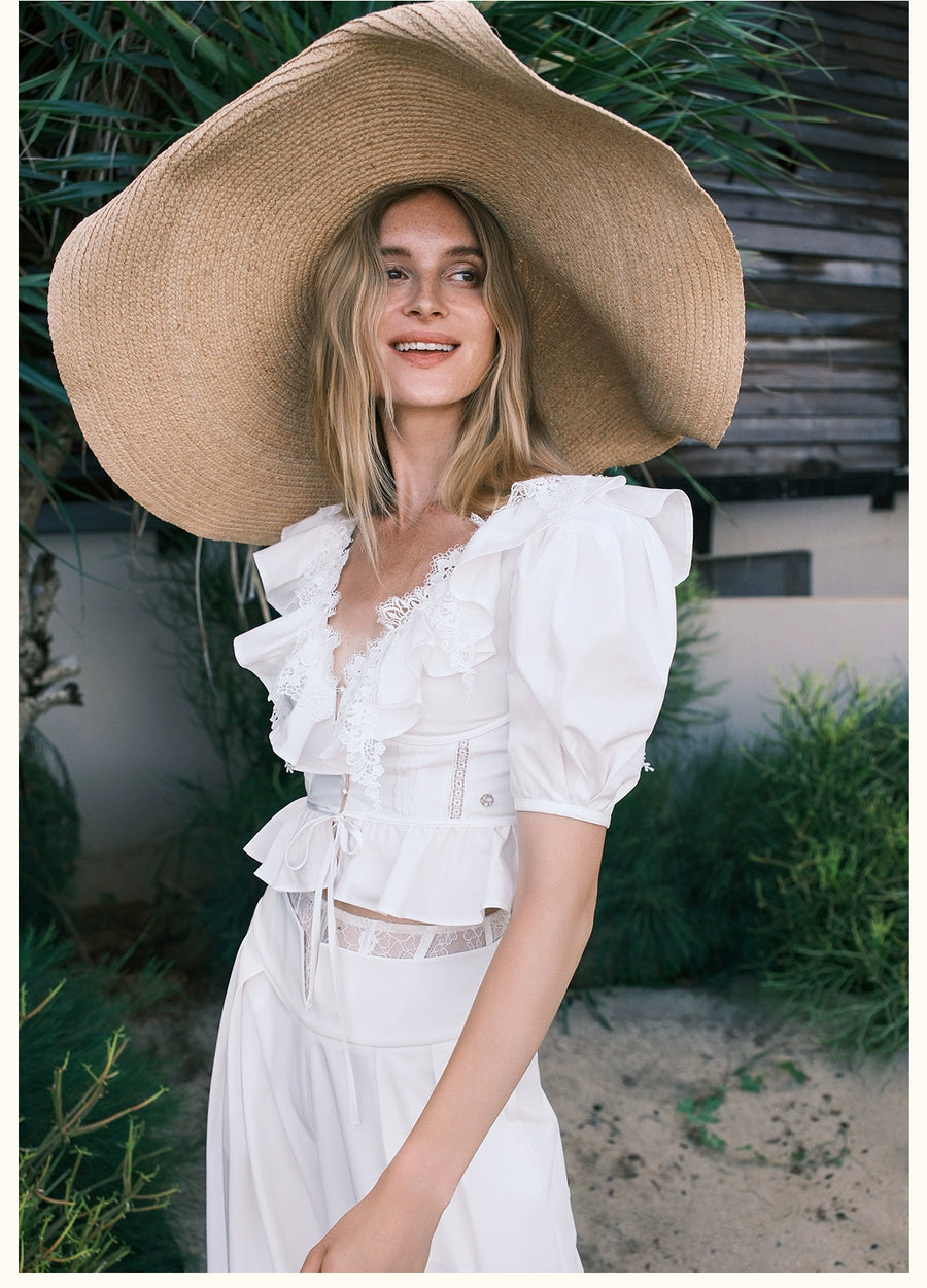 RESSALINA Diane Deep V neck Back Strap Ruffle Short Top Lace Splicing Bubble Sleeves T shirt tops RESSALINA