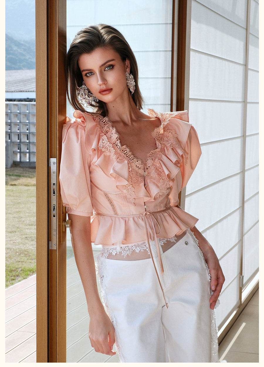 RESSALINA Diane Deep V neck Back Strap Ruffle Short Top Lace Splicing Bubble Sleeves T shirt tops RESSALINA