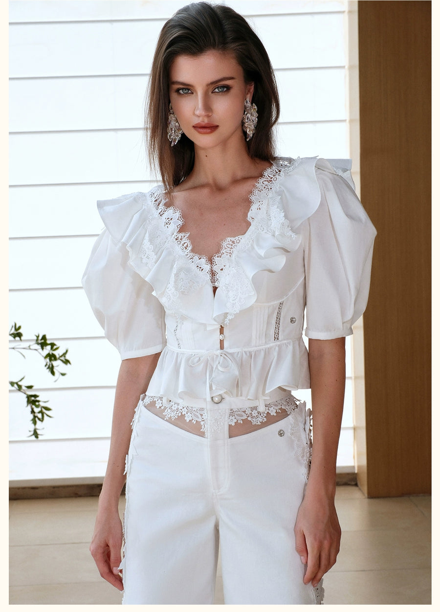 RESSALINA Diane Deep V neck Back Strap Ruffle Short Top Lace Splicing Bubble Sleeves T shirt tops RESSALINA