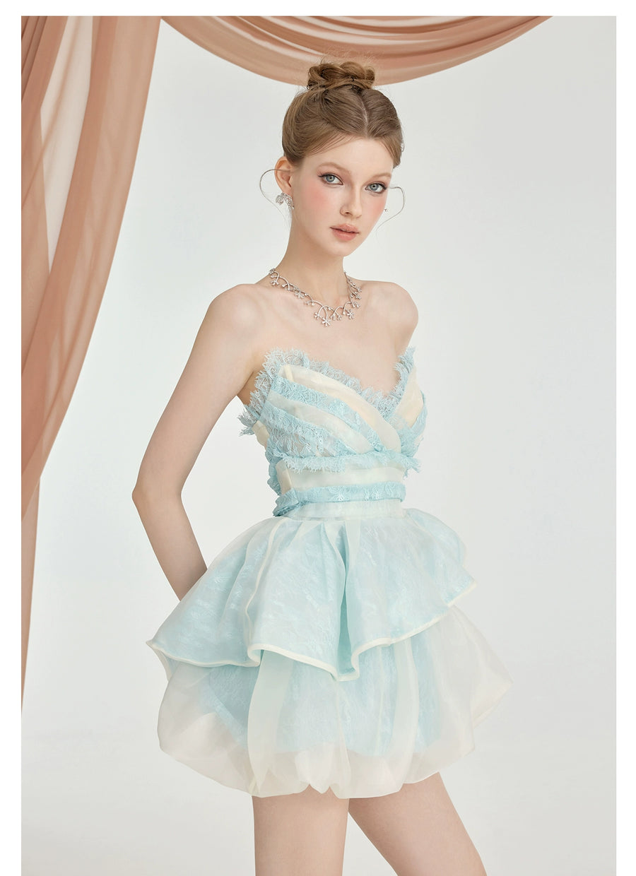 Berry irregular design fluffy skirt V neck short strapless two piece set summer new Set RESSALINA