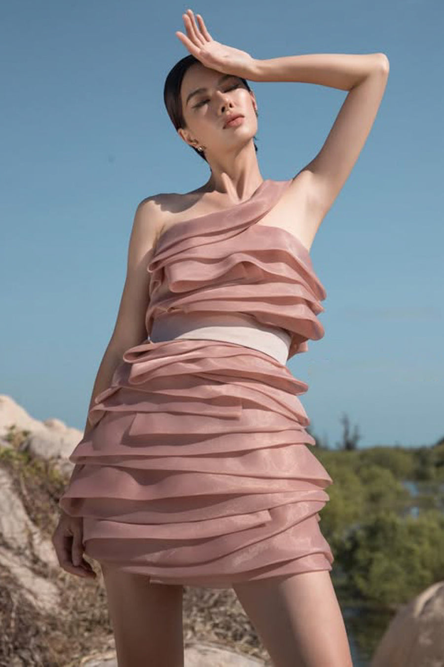 Reuben A-line One Shoulder Organza Mini Dress Mini Dress CHYMEOCHY