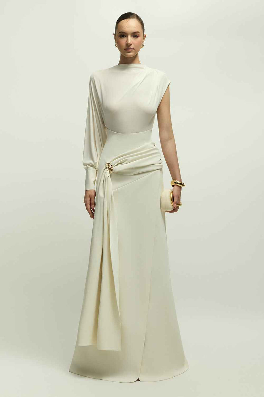 Orlean Asymmetric Sleeve Draped Maxi Dress