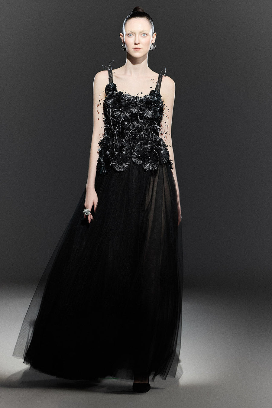 Black Bloom A-line Flower Applique Tulle Maxi Dress 9