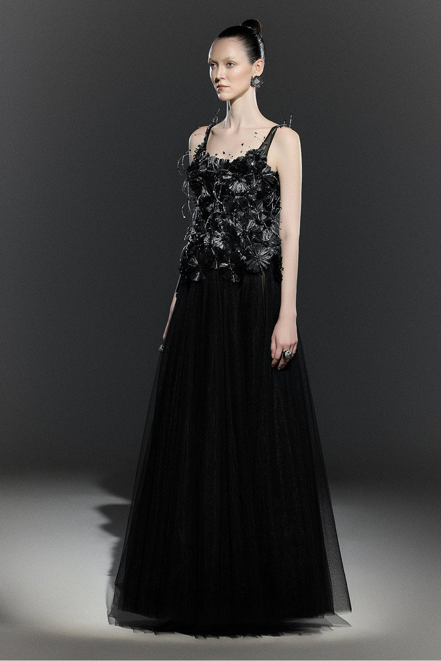 Black Bloom A-line Flower Applique Tulle Maxi Dress 10