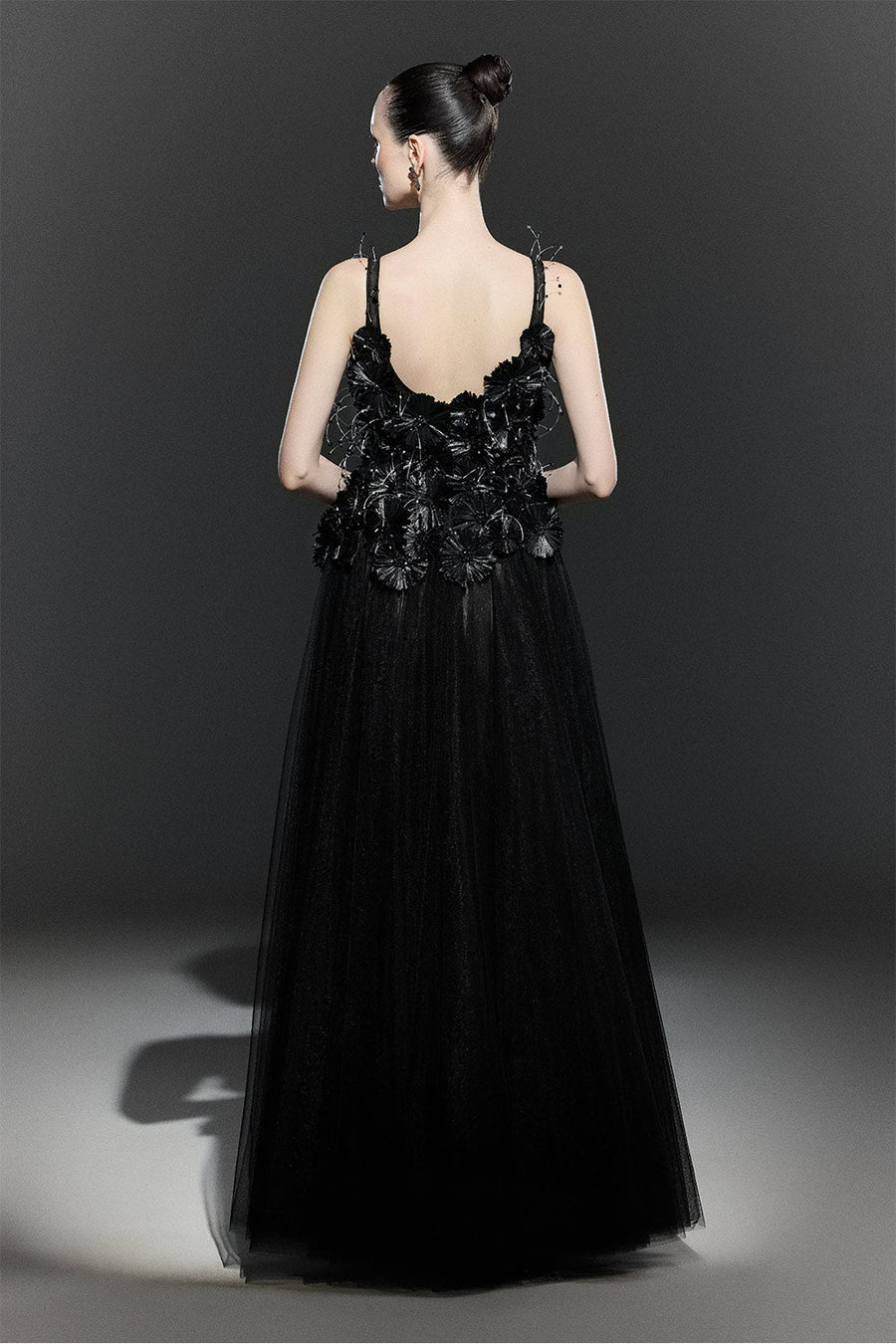 Black Bloom A-line Flower Applique Tulle Maxi Dress 7
