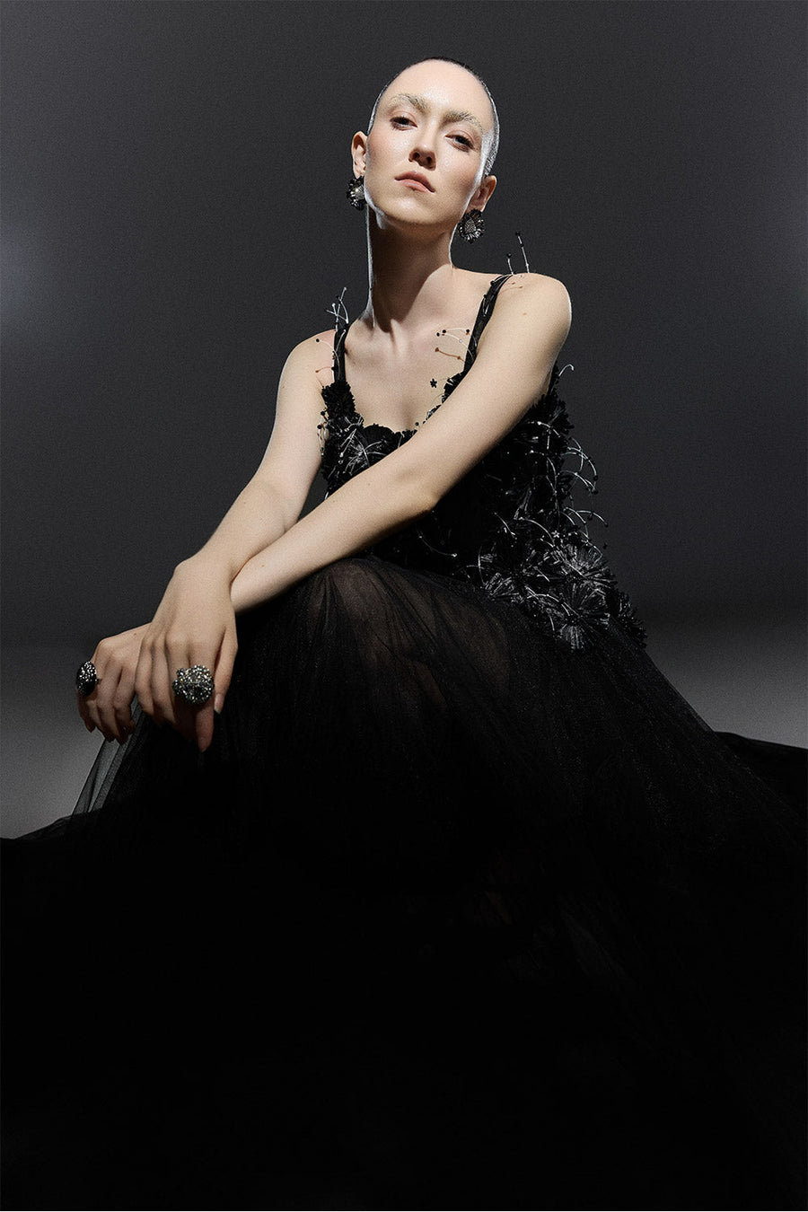 Black Bloom A-line Flower Applique Tulle Maxi Dress 12