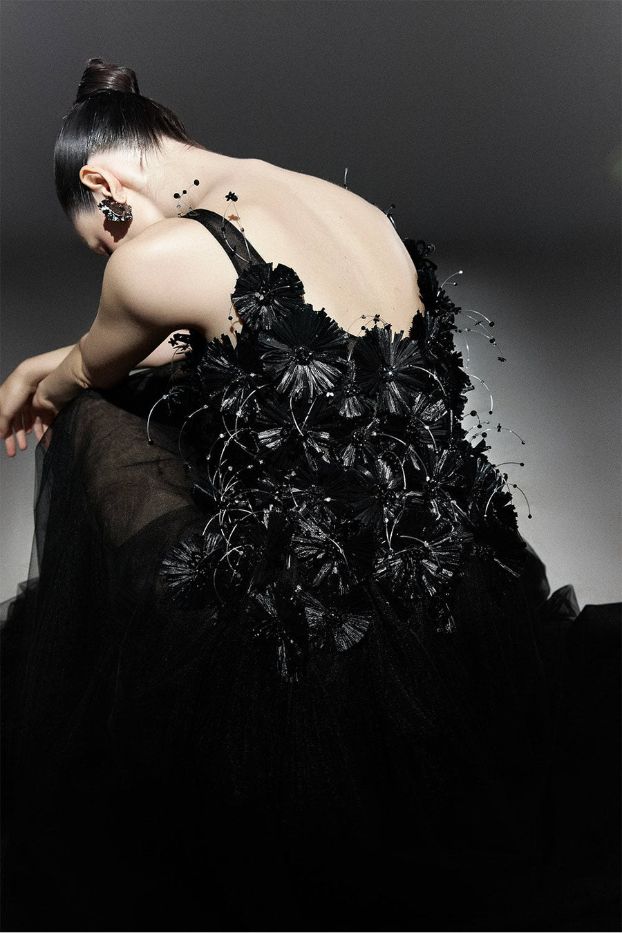 Black Bloom A-line Flower Applique Tulle Maxi Dress 6