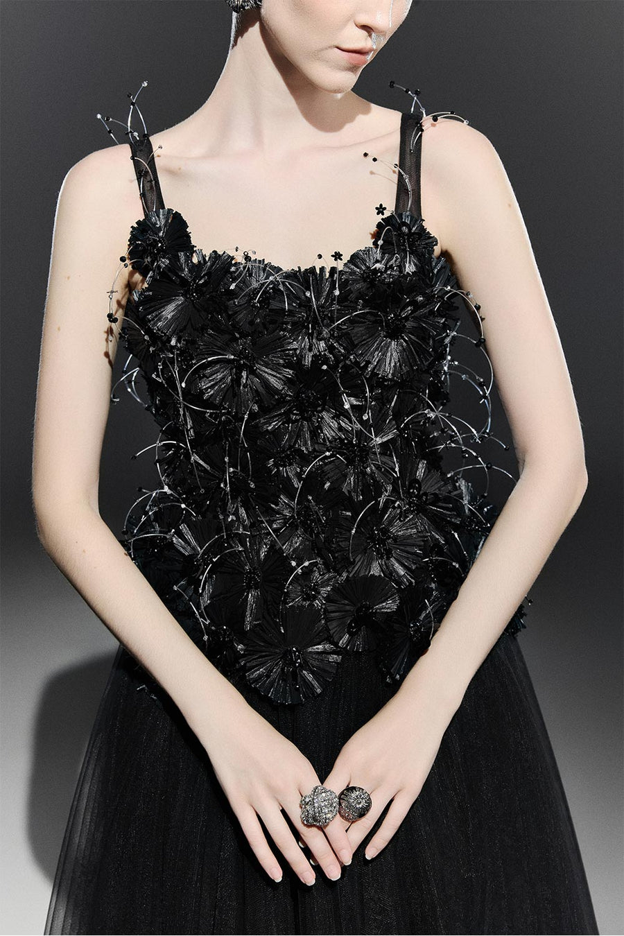 Black Bloom A-line Flower Applique Tulle Maxi Dress 4