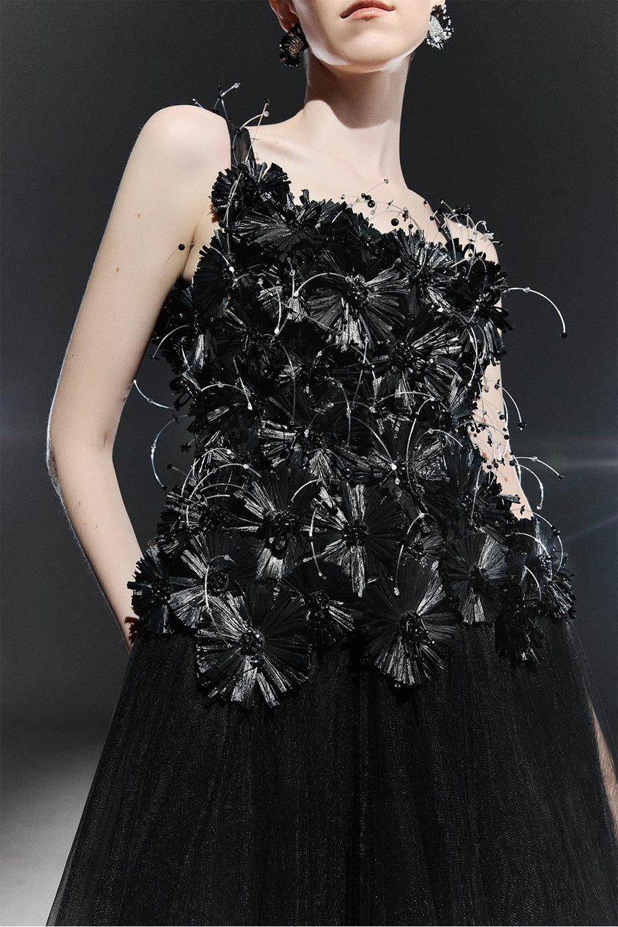 Black Bloom A-line Flower Applique Tulle Maxi Dress 5