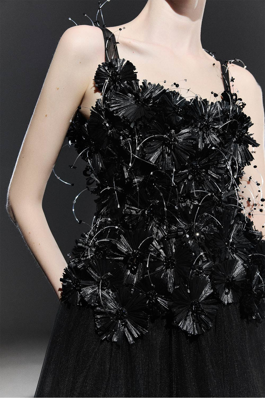 Black Bloom A-line Flower Applique Tulle Maxi Dress 3