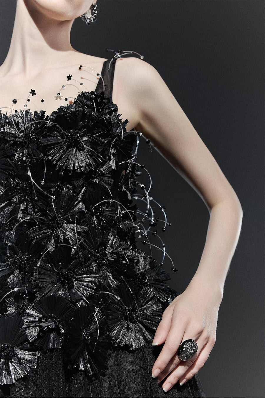 Black Bloom A-line Flower Applique Tulle Maxi Dress 2