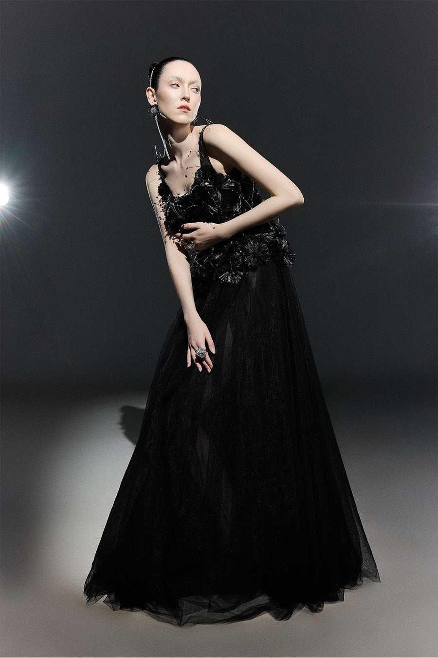 Black Bloom A-line Flower Applique Tulle Maxi Dress 13