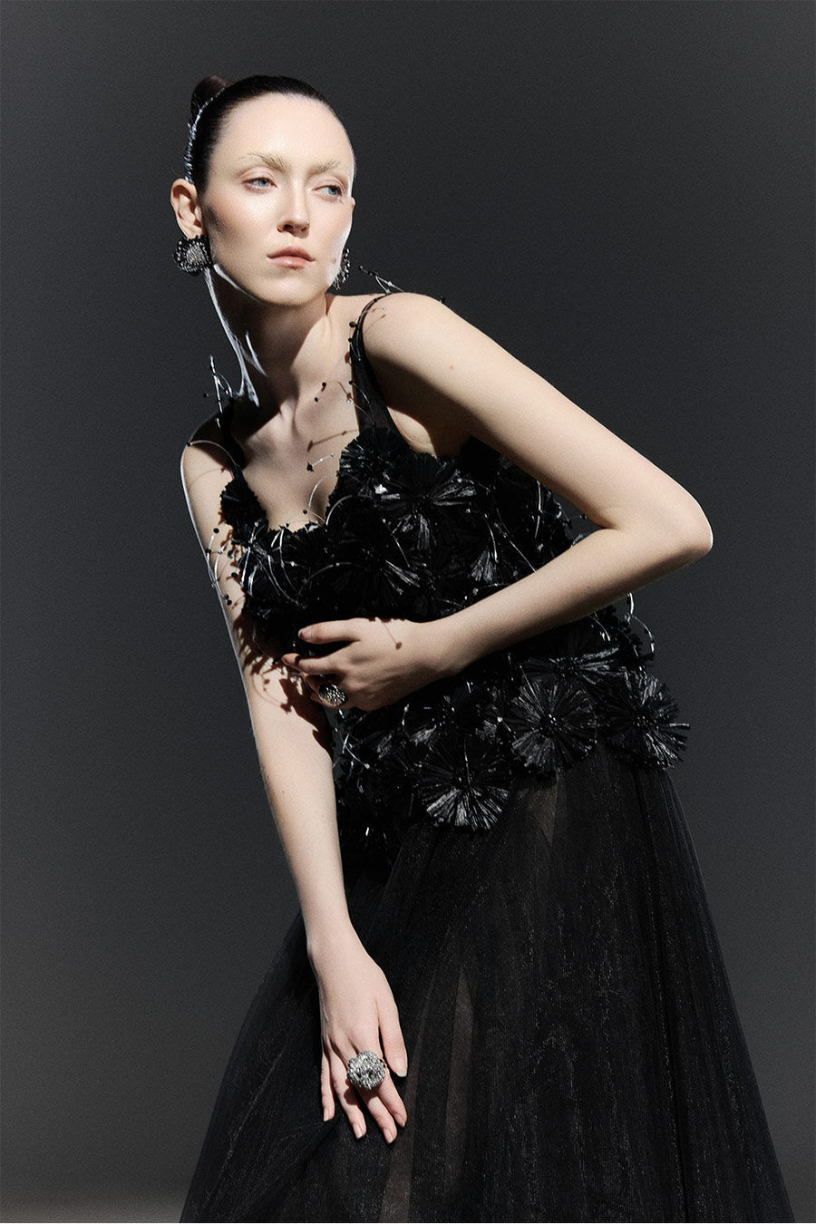 Black Bloom A-line Flower Applique Tulle Maxi Dress 8