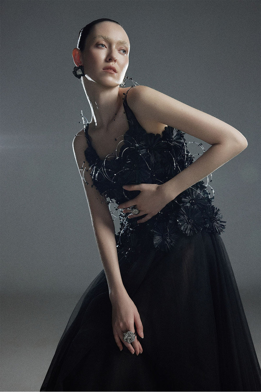 Black Bloom A-line Flower Applique Tulle Maxi Dress 11